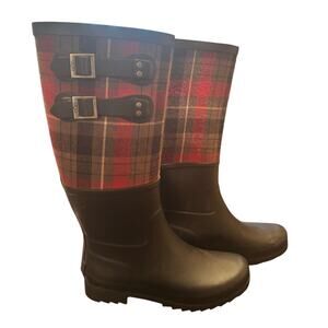Ugg Austrailia Sabene Red and Black Plaid Tall Rain Boots Size 8